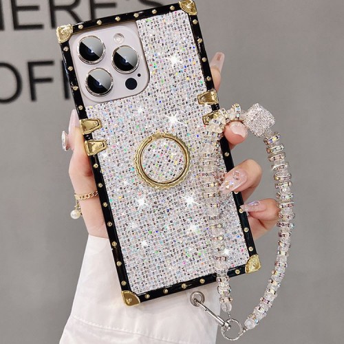 Glitter Bling Phone Case With Ring Holder And Beaded Lanyard For iPhone